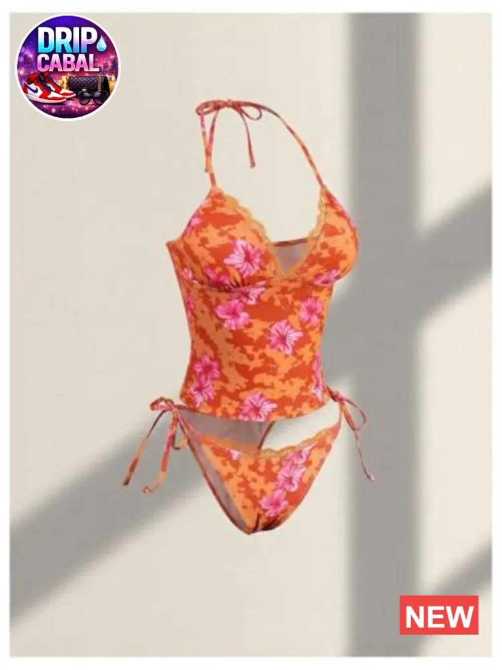 Y2k Floral Lace Halter Tie Side Thong Tankini Swimsuit